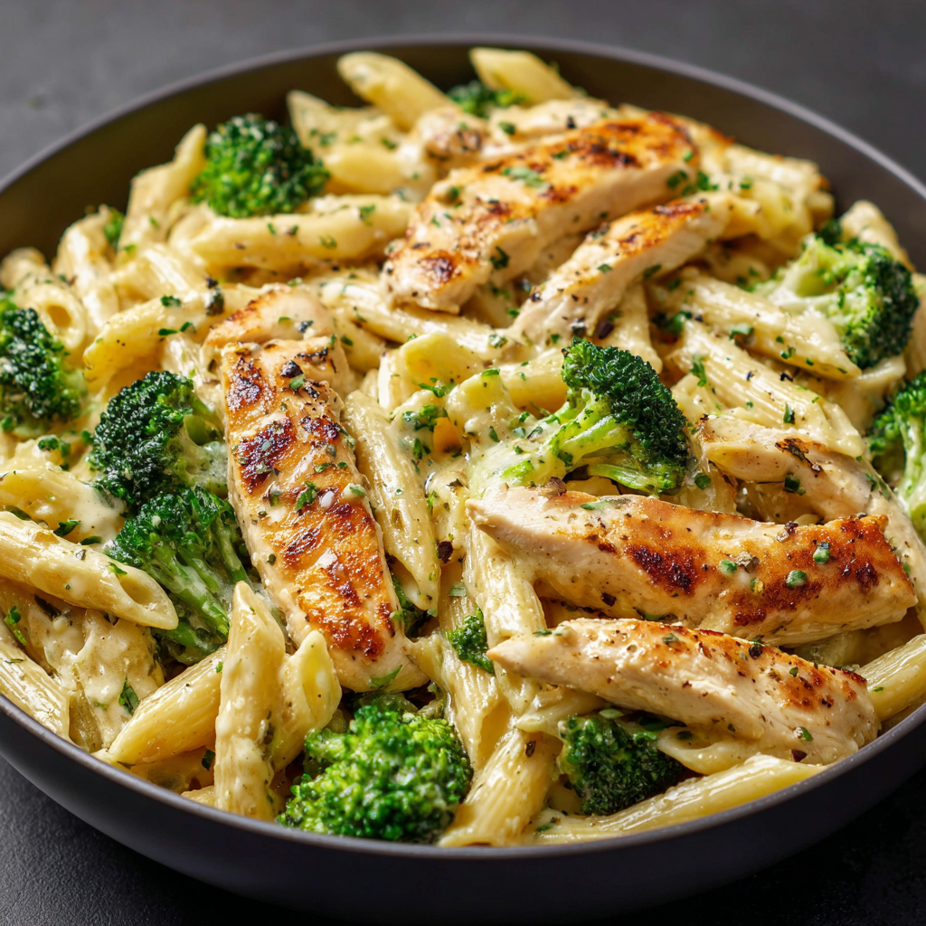 A bowl of pasta with chicken and broccoli topped with cheese.