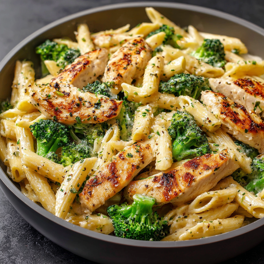 A plate of pasta with chicken and broccoli, possibly a chicken and broccoli Alfredo dish.