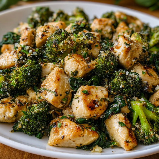 A plate of garlic chicken with broccoli and spinach.