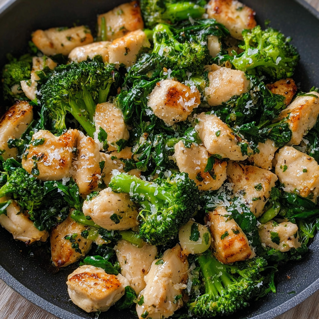 A delicious dish of Garlic Chicken with Broccoli and Spinach.