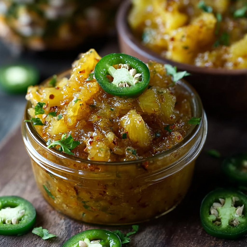 A jar of Spicy Pineapple Jalapeño Chutney is displayed on a wooden table.