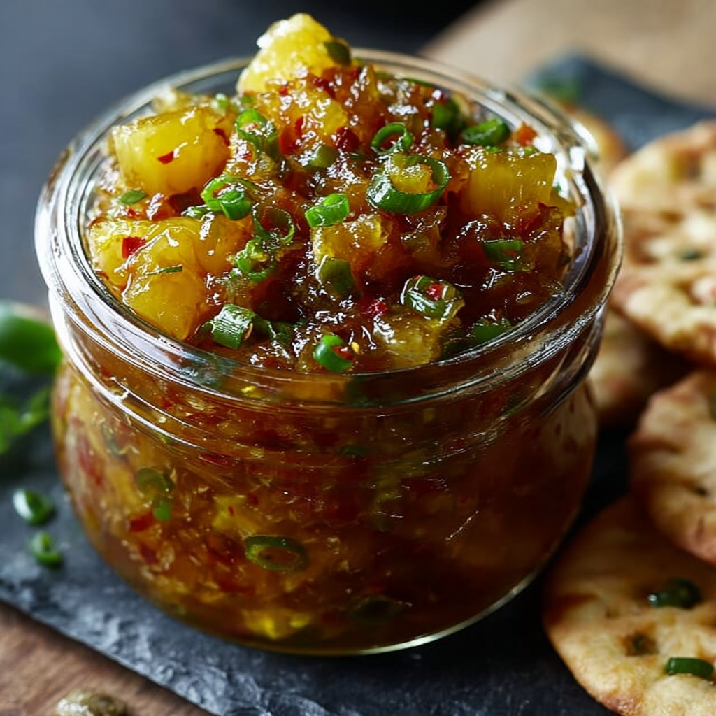 A jar of pineapple sauce sits on a table next to crackers.