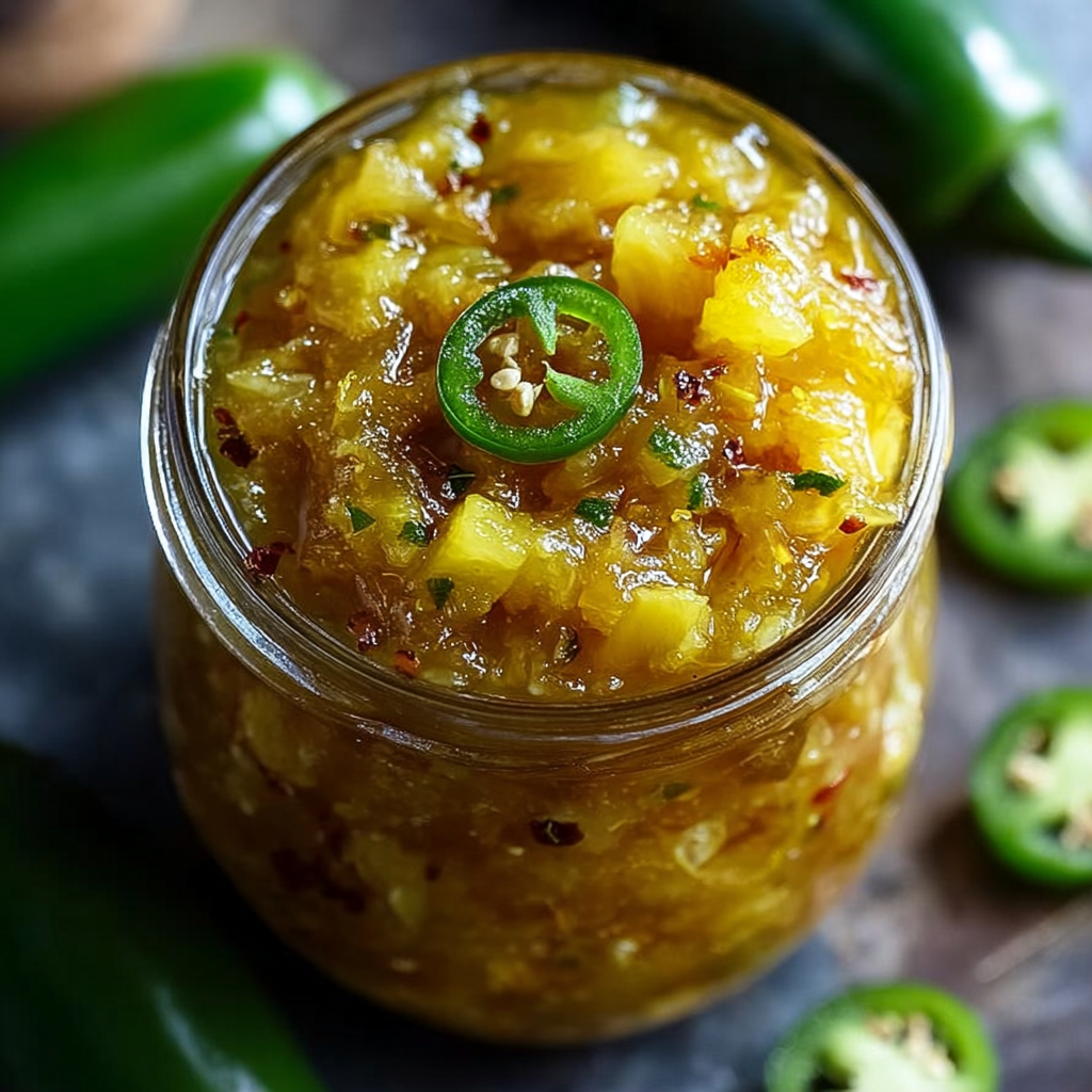 A jar of pineapple salsa with green peppers and jalapenos.