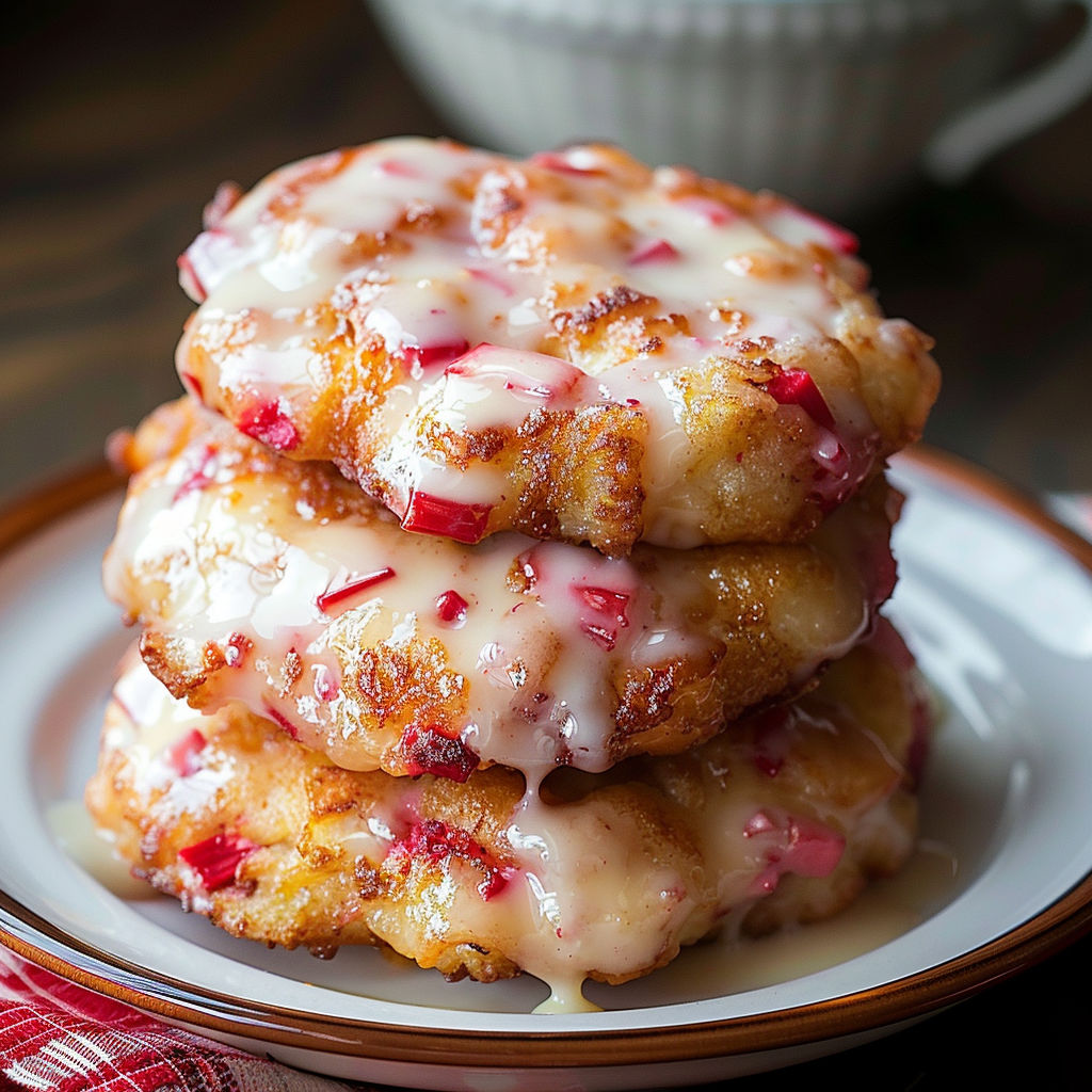A stack of baked rhubarb fritters with a white plate and a bowl of sugar in the background.