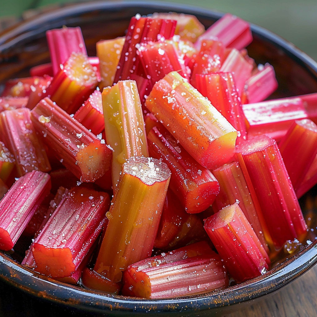 A bowl filled with sliced rhubarb, seasoned with sugar and salt, ready to be roasted.
