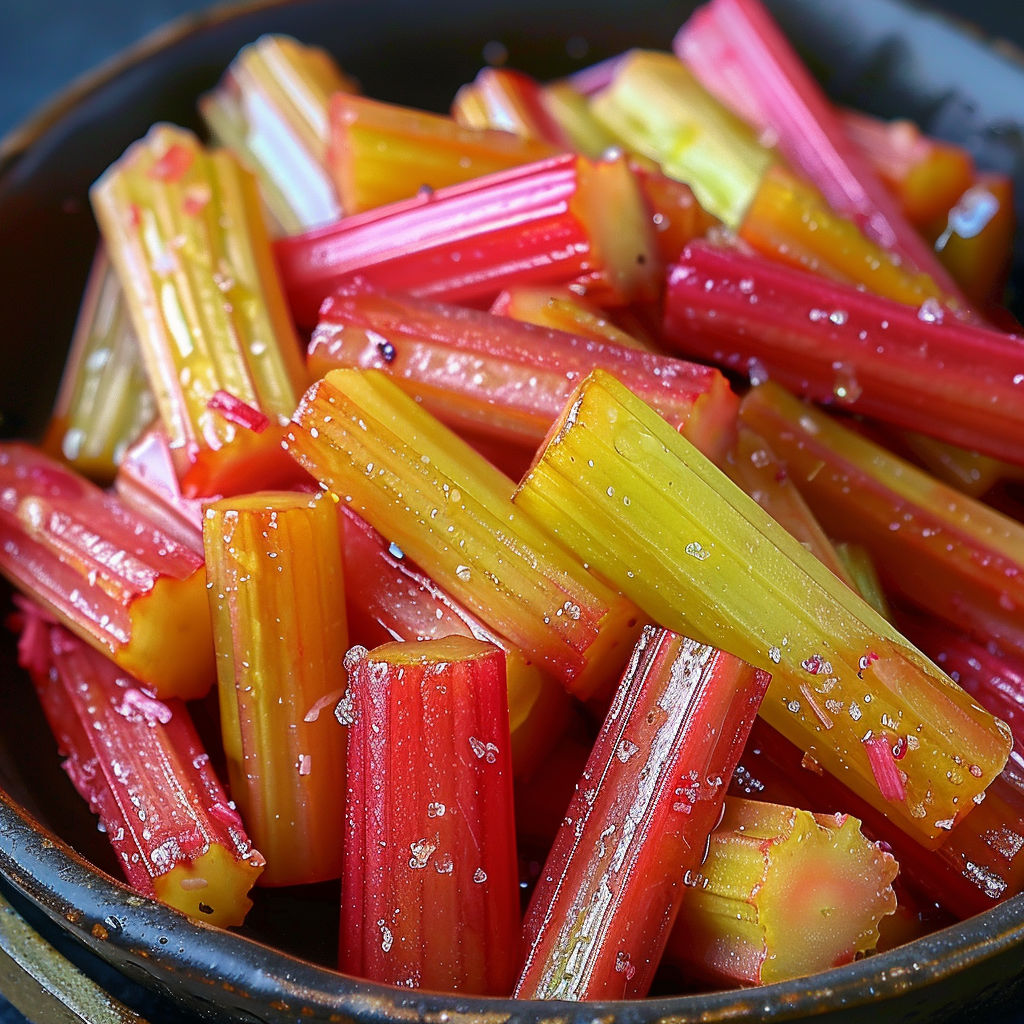 A bowl filled with sliced rhubarb, seasoned with sugar and spices, is ready to be roasted.