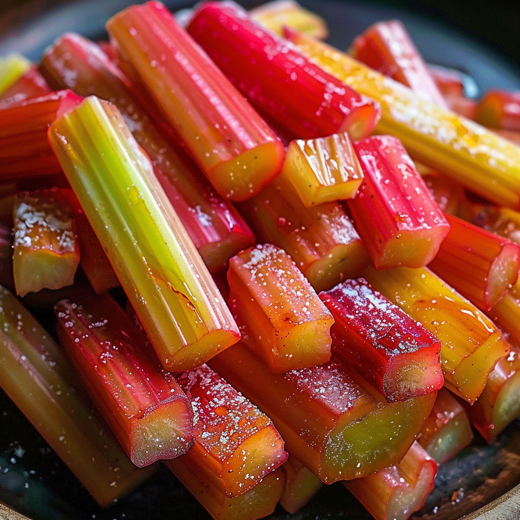 A bowl filled with sliced rhubarb, some of which are sprinkled with sugar.