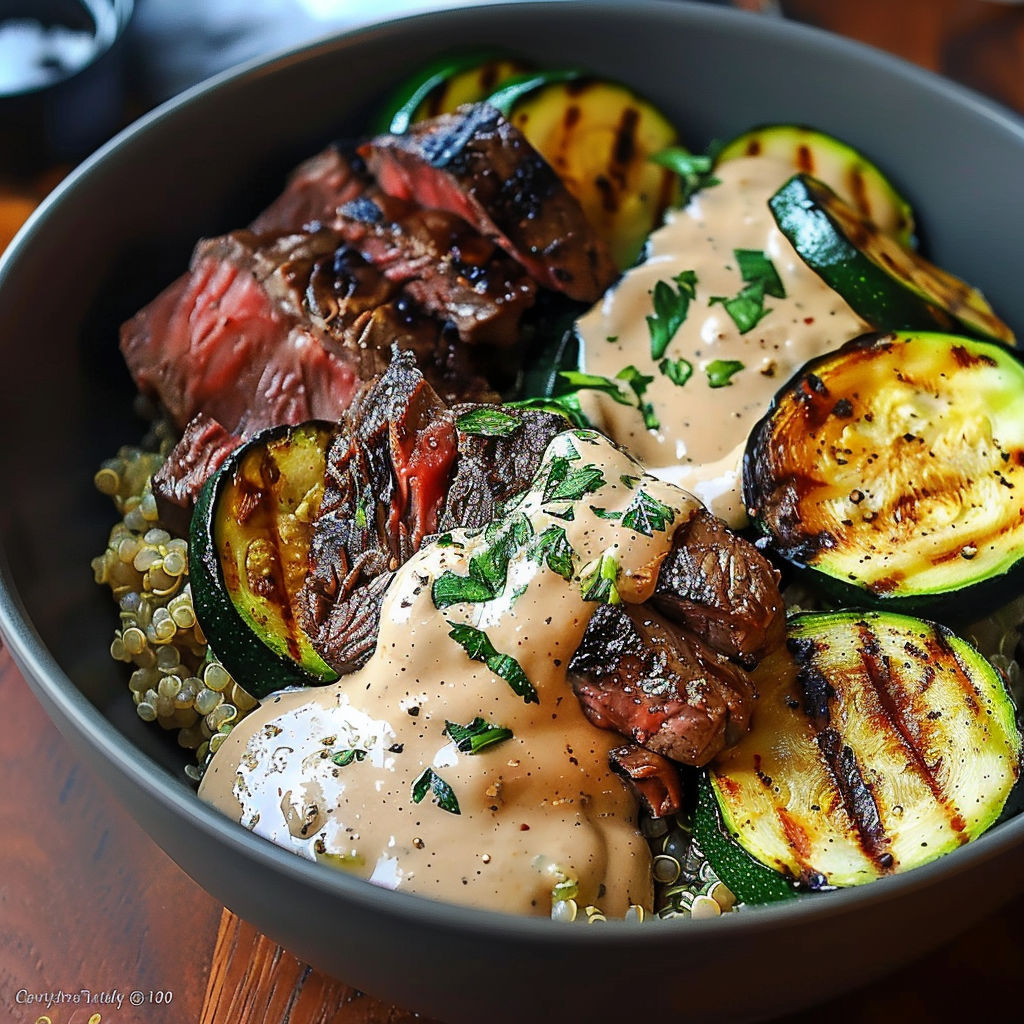 A bowl of grilled steak with creamy sauce and grilled zucchini.