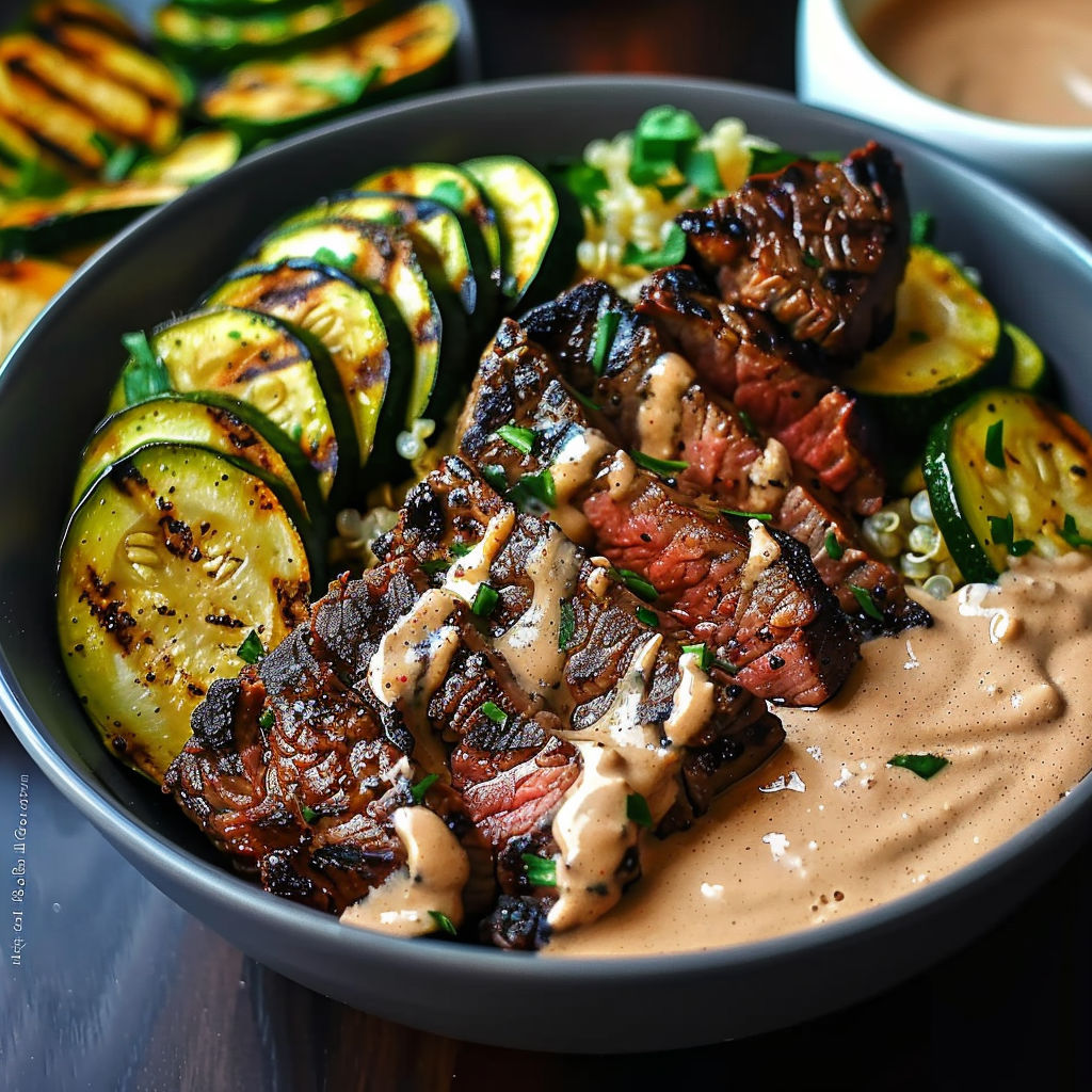 A bowl of grilled steak and zucchini with a creamy sauce.