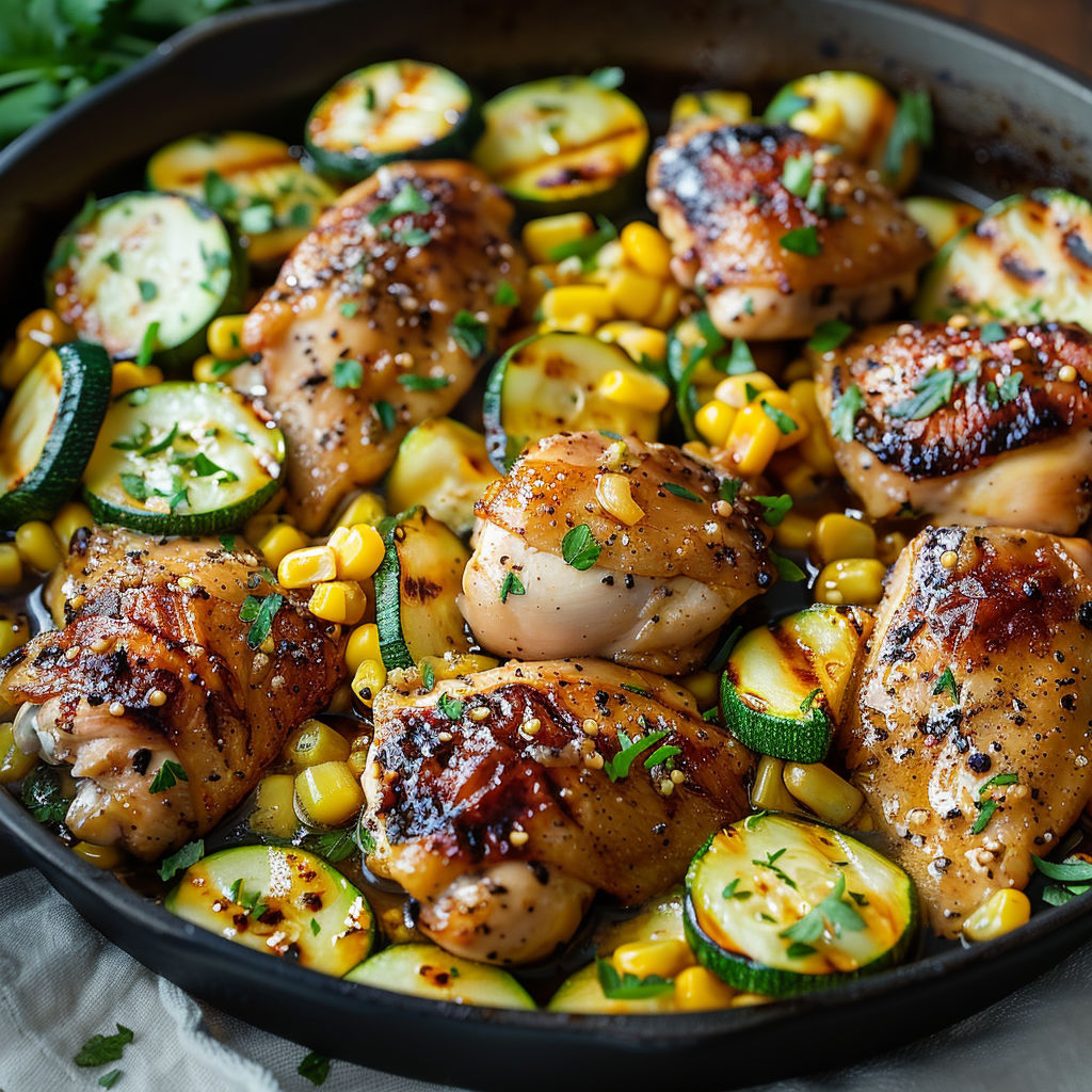 A pan of chicken and vegetables, including corn and zucchini, cooked in a savory sauce.