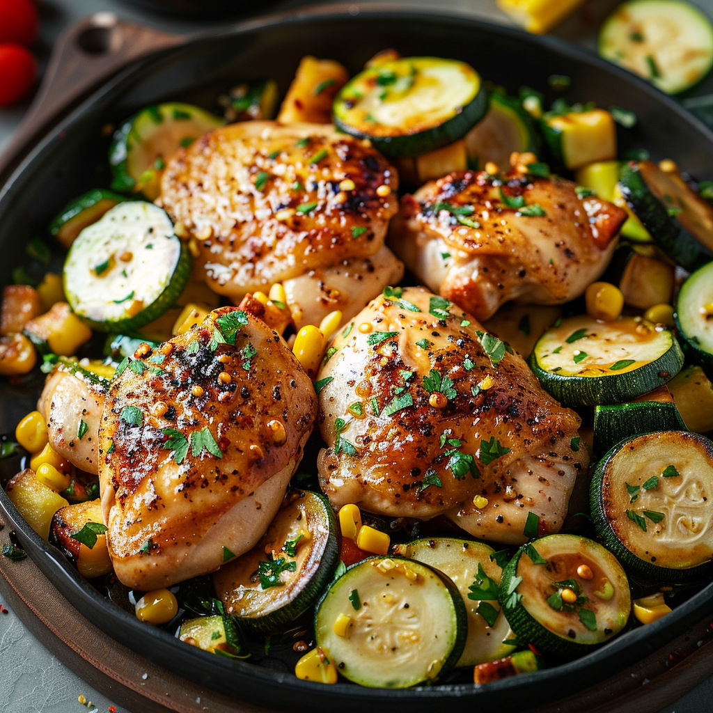 A delicious meal of grilled chicken and vegetables, including zucchini, corn, and tomatoes, served in a black pan.