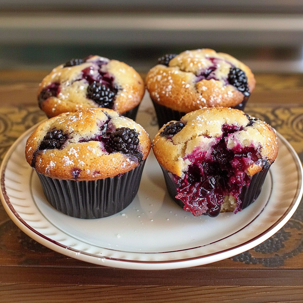 A plate of muffins with berries on top, including blueberries and raspberries, are displayed on a table.