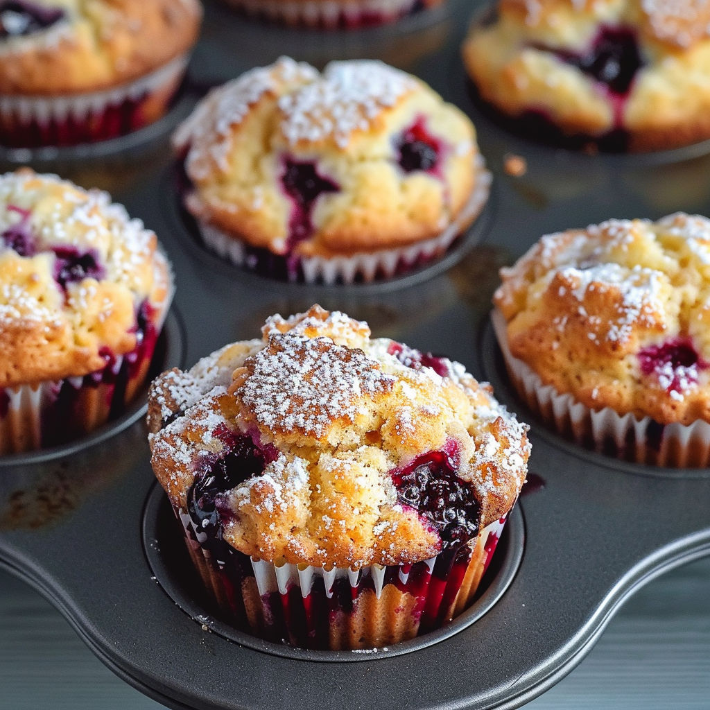 A tray of muffins with a blueberry filling, topped with powdered sugar.