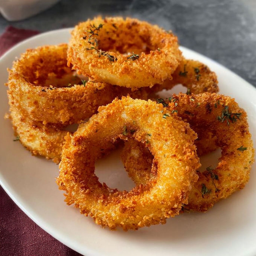 A plate of air fryer onion rings is ready to be eaten.