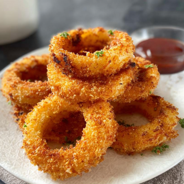 A plate of fried onion rings with a dipping sauce.