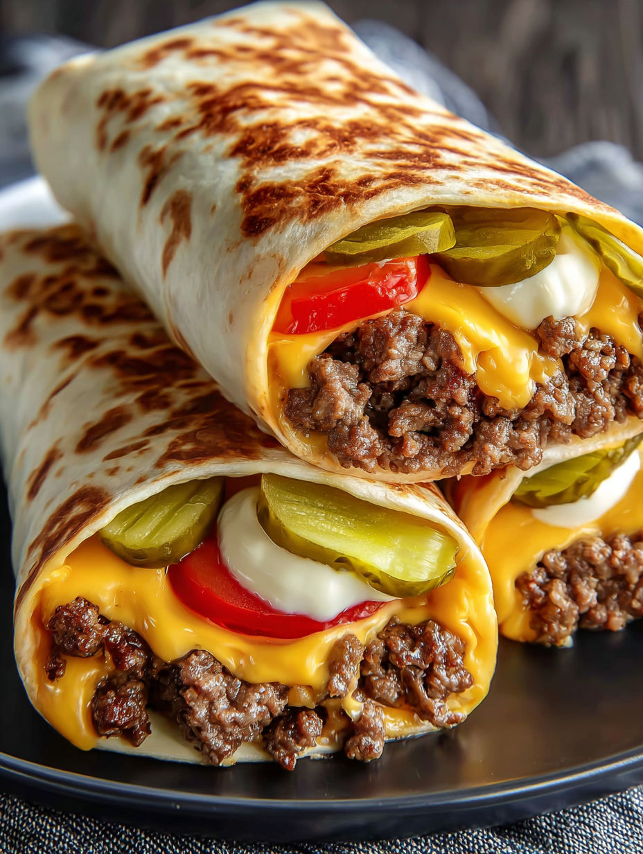 A delicious burrito filled with meat, cheese, and vegetables, including tomatoes and pickles, is served on a plate.