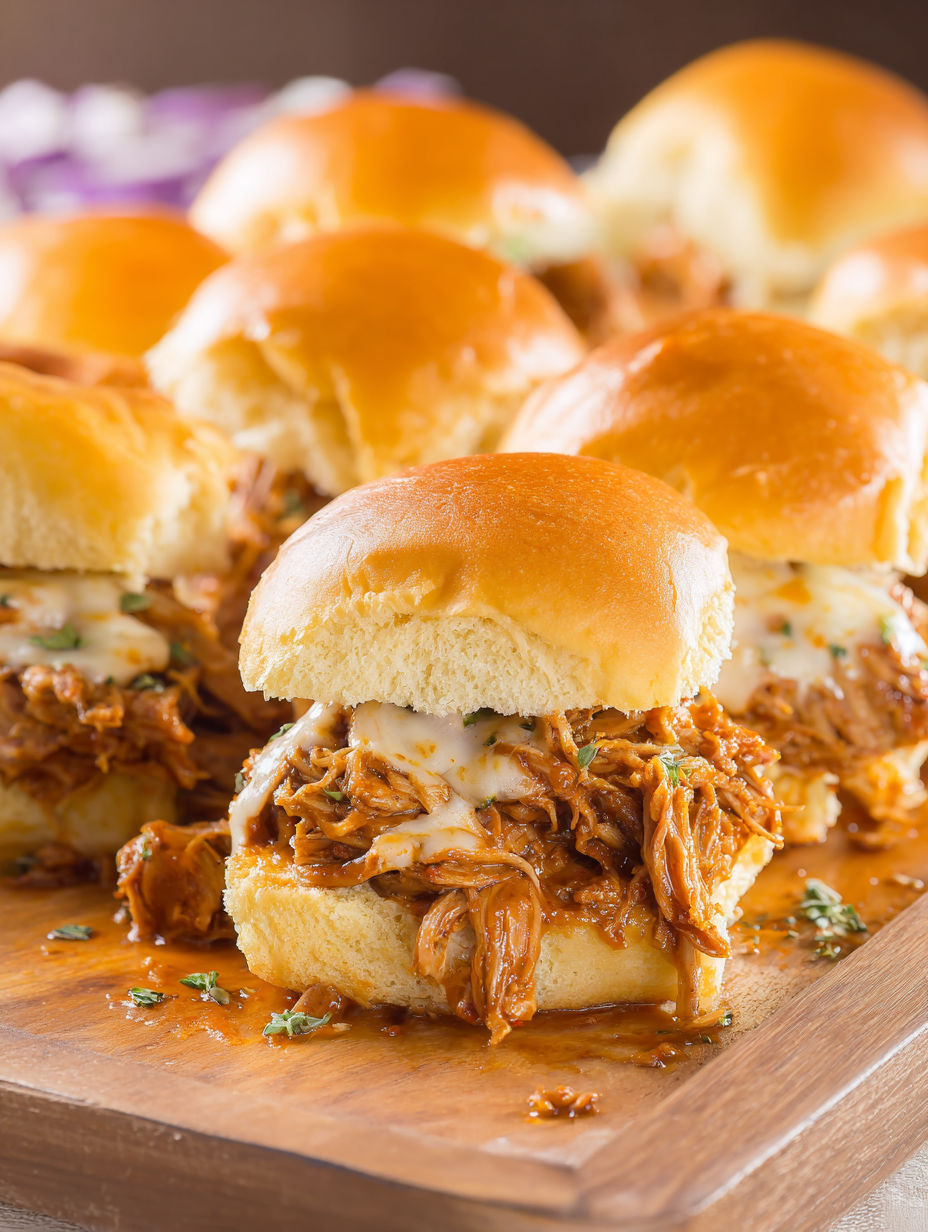 A plate of barbecue sandwiches with a sauce drizzle.