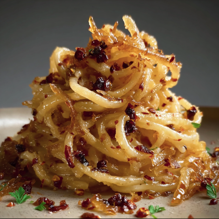 A delicious dish of Caramelized Onion Pasta with Chili Oil.