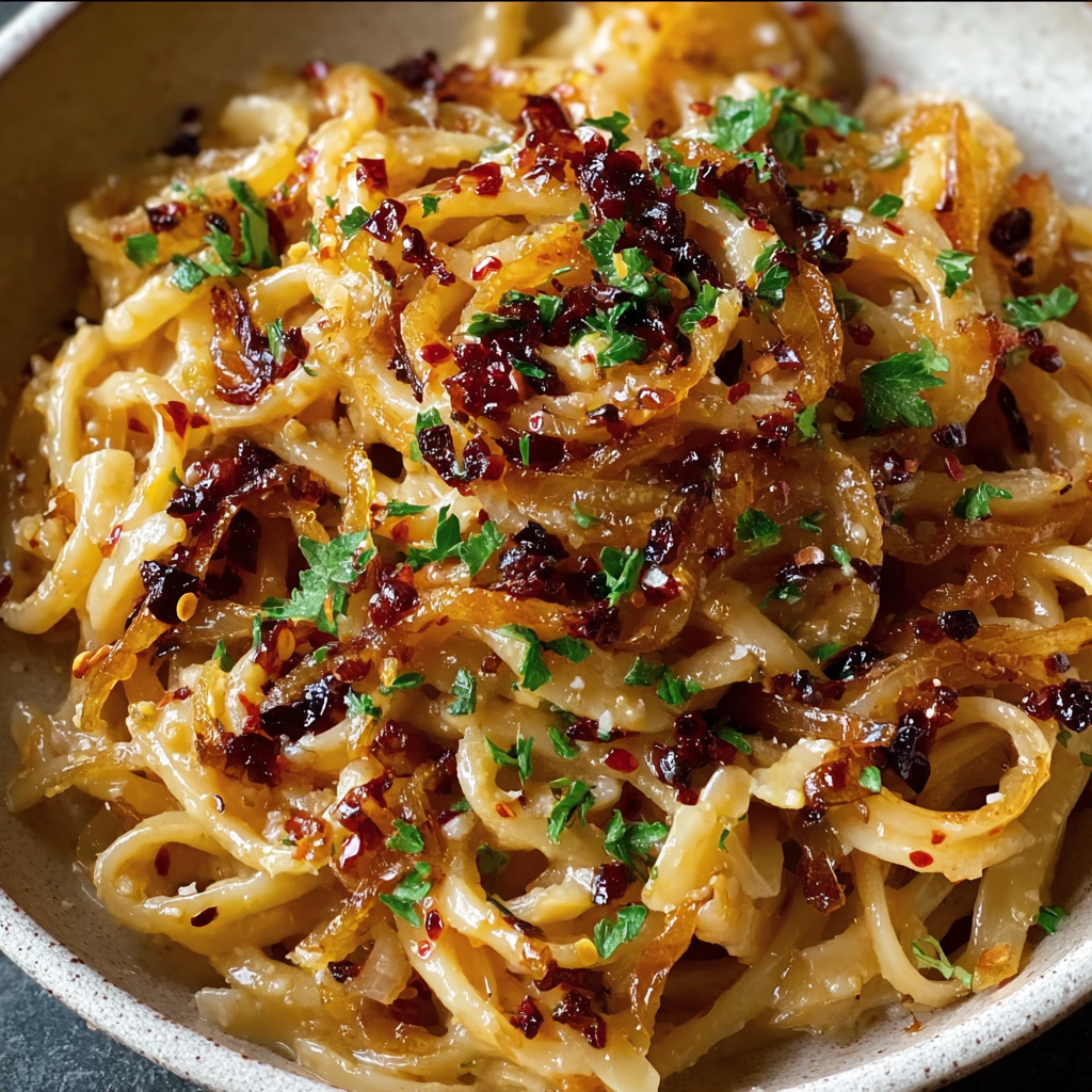 A bowl of pasta with caramelized onions and chili oil.