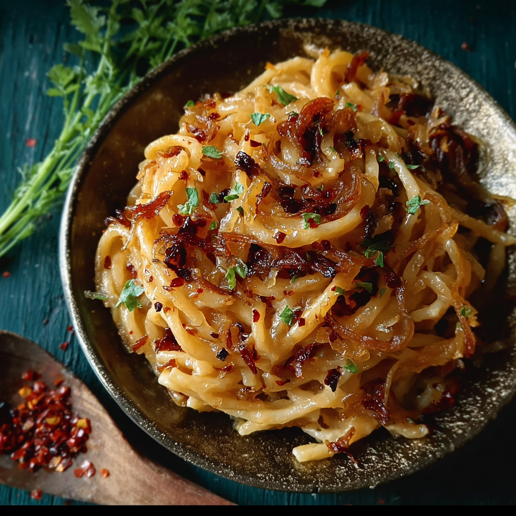 A bowl of pasta with caramelized onions and chili oil.