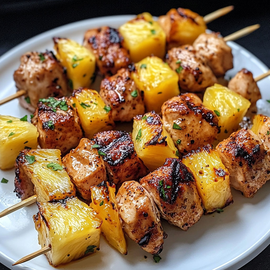 A plate of Al Pastor-Style Chicken Skewers, with a close-up view of the delicious grilled meat.