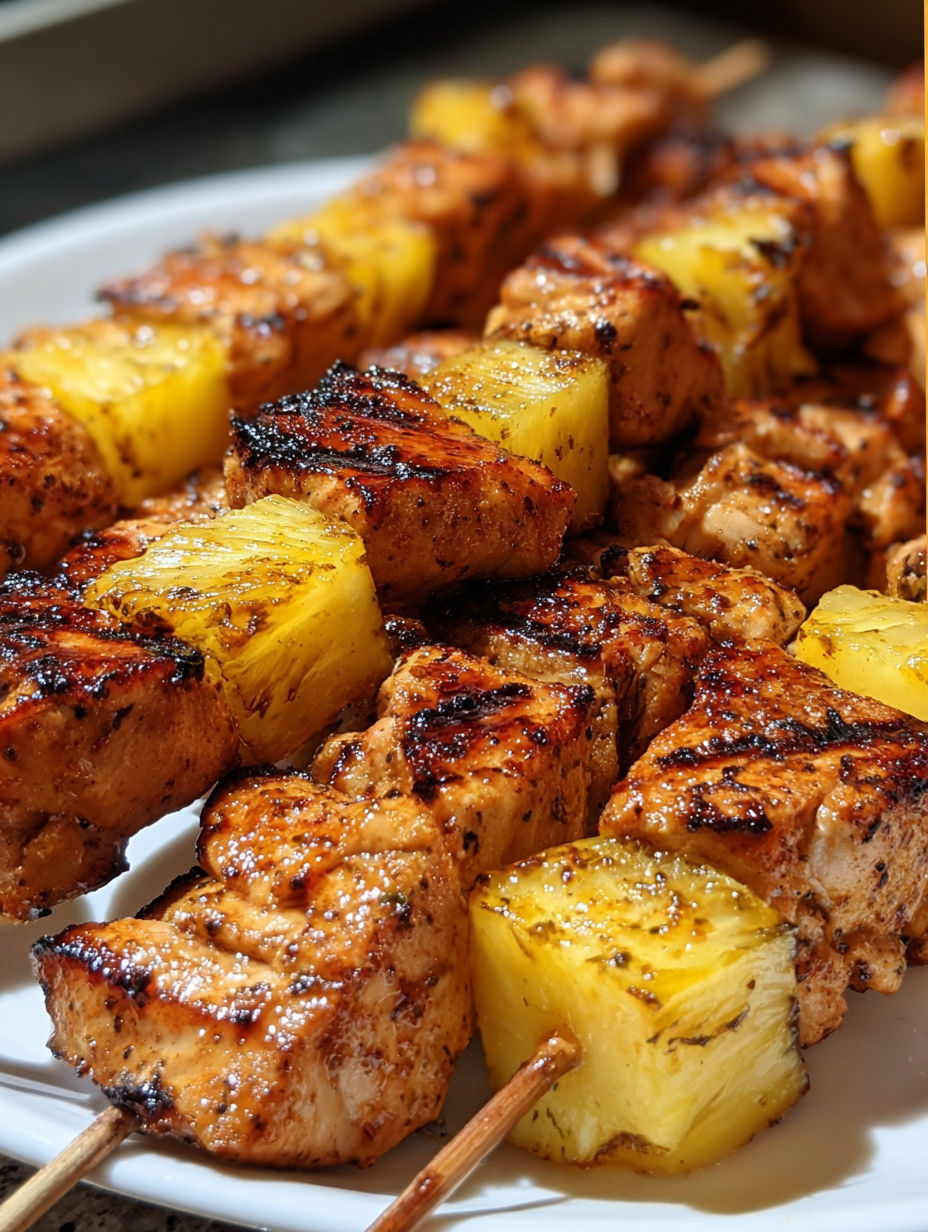 A plate of Al Pastor-Style Chicken Skewers, marinated and grilled, with a delicious pineapple glaze.