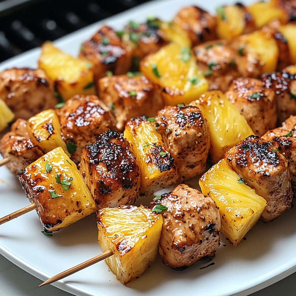 A plate of Al Pastor-style chicken skewers, marinated and ready to be grilled.