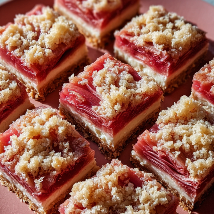 A plate of delicious Rhubarb Bars with Cream Cheese.