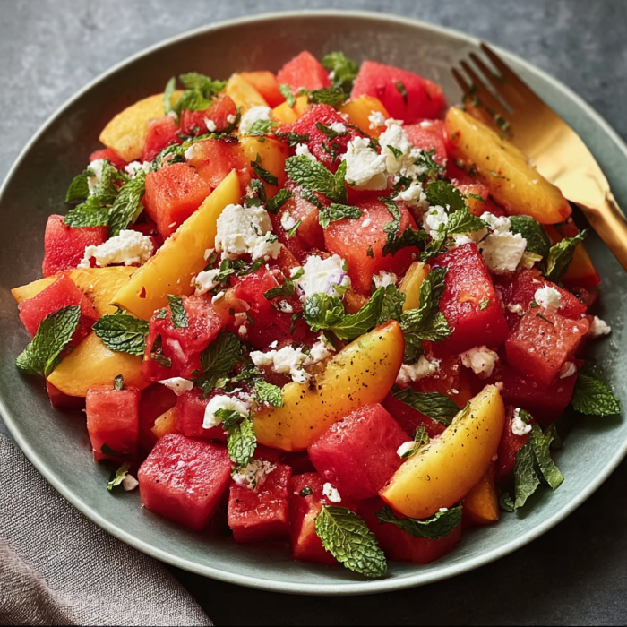 A green plate filled with a salad of watermelon, peaches, and mint.