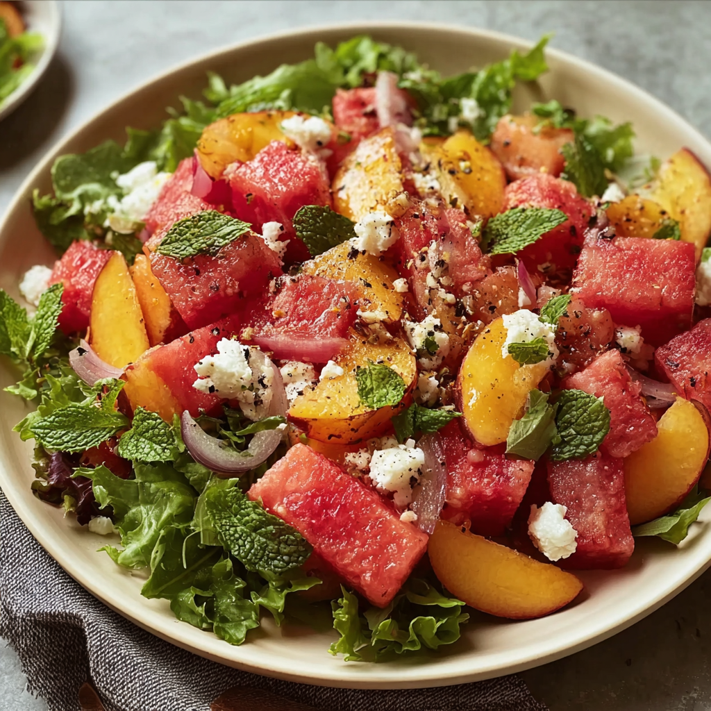 A fresh salad with watermelon, onions, mint, and feta cheese, served in a white bowl.