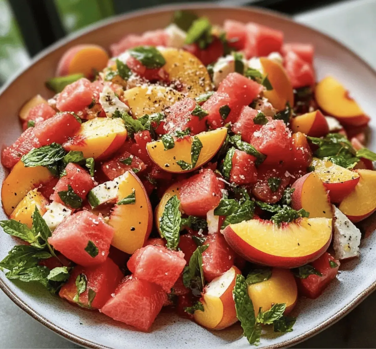 A bowl of fresh fruit salad with watermelon, peaches, and oranges, garnished with mint leaves and feta cheese.