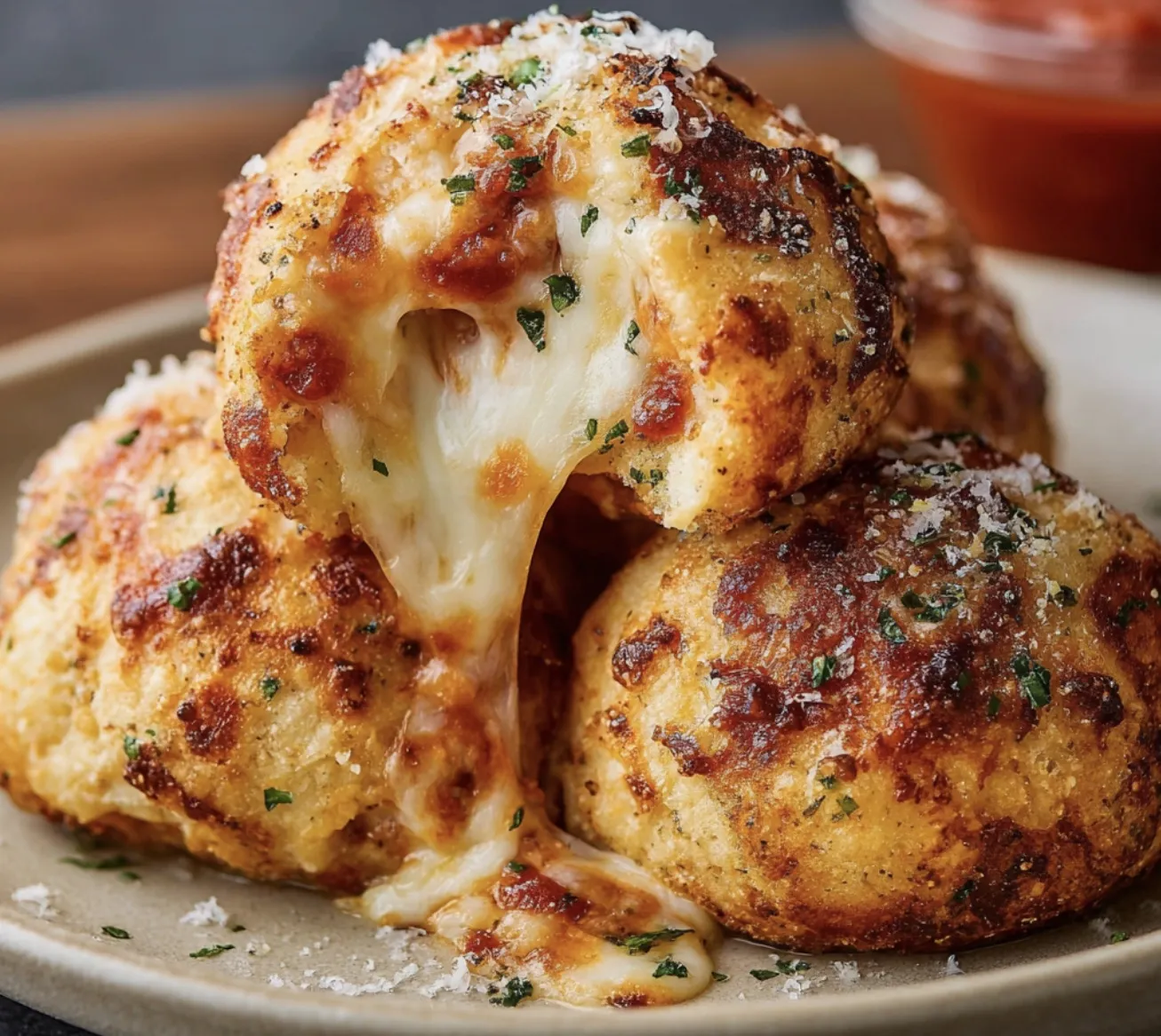 A plate of air fryer pizza bombs with cheese and herbs.