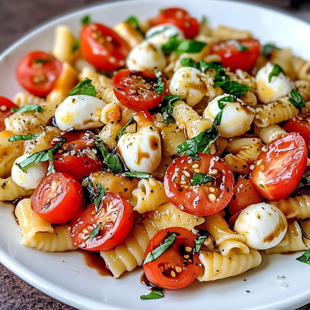 A Caprese Pasta Salad is served on a white plate.
