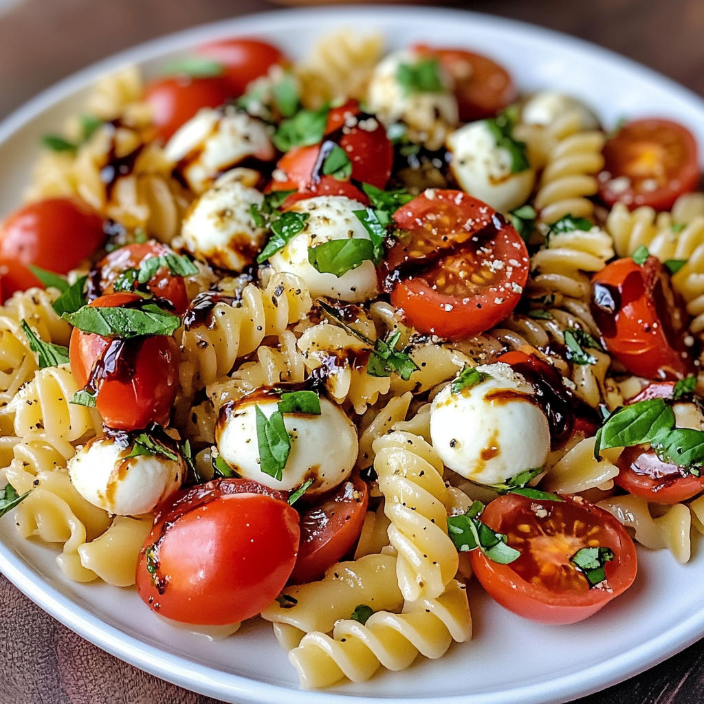A plate of pasta with tomatoes, cheese, and basil.