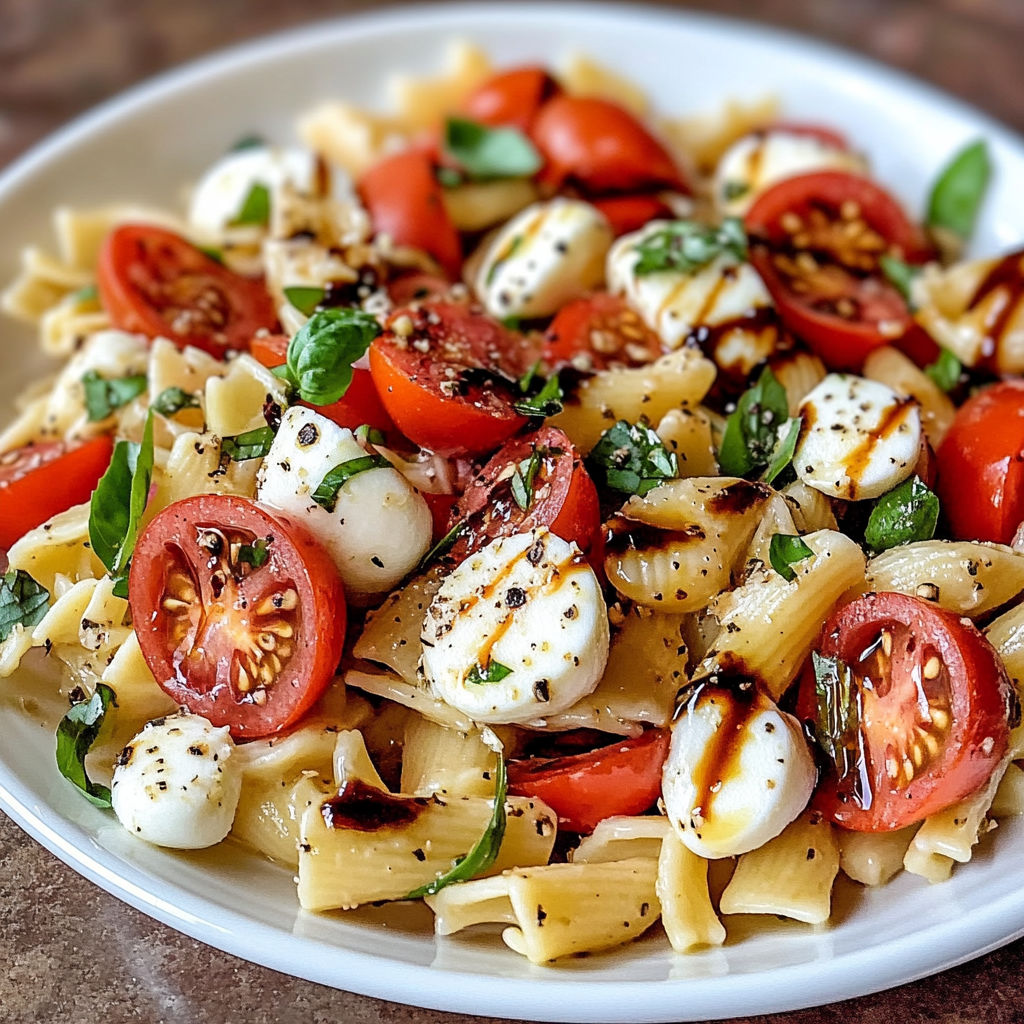 A plate of pasta with tomatoes and cheese, possibly a Caprese salad.