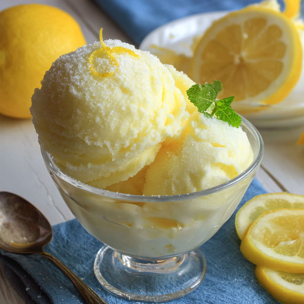 A bowl of lemon gelato with a spoon and a lemon wedge on the side.
