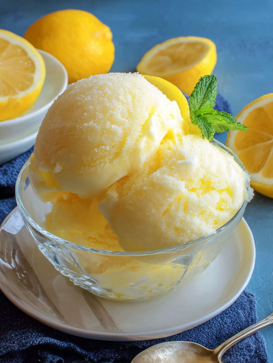 A bowl of yellow lemon gelato with a lemon wedge on top.