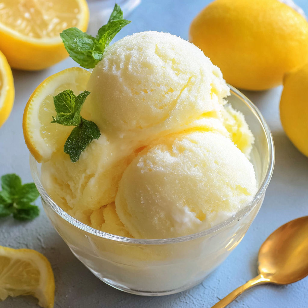 A bowl of lemon gelato with a spoon inside and a lemon on the side.