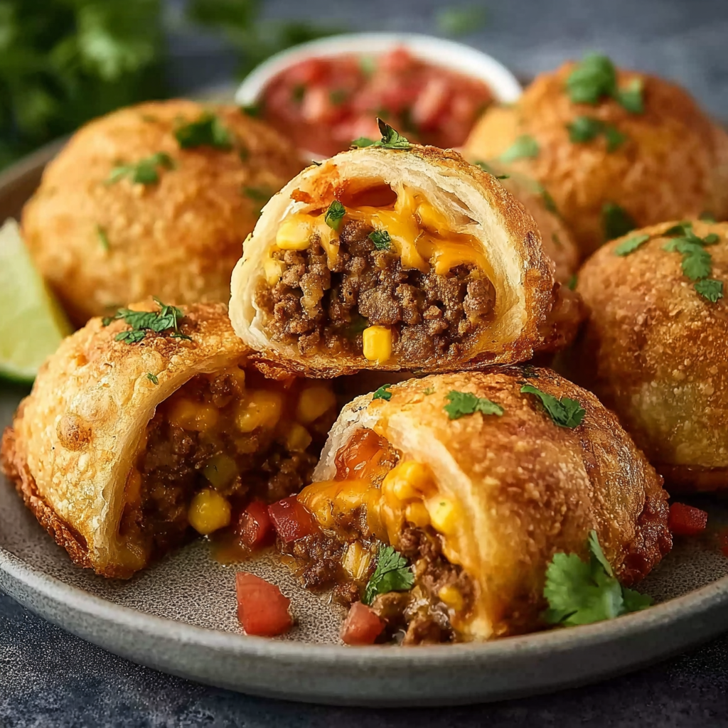 A plate of delicious Air Fryer Taco Bombs, filled with meat and cheese, are ready to be enjoyed.