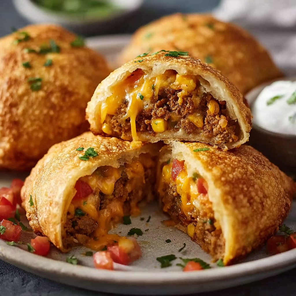 A plate of delicious meat and cheese filled pastries, ready to be enjoyed.