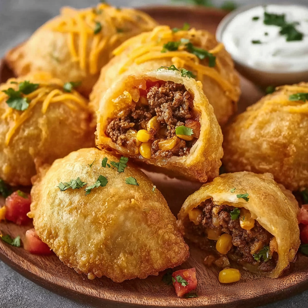 A plate of delicious chicken and cheese filled pockets with a side of sour cream.