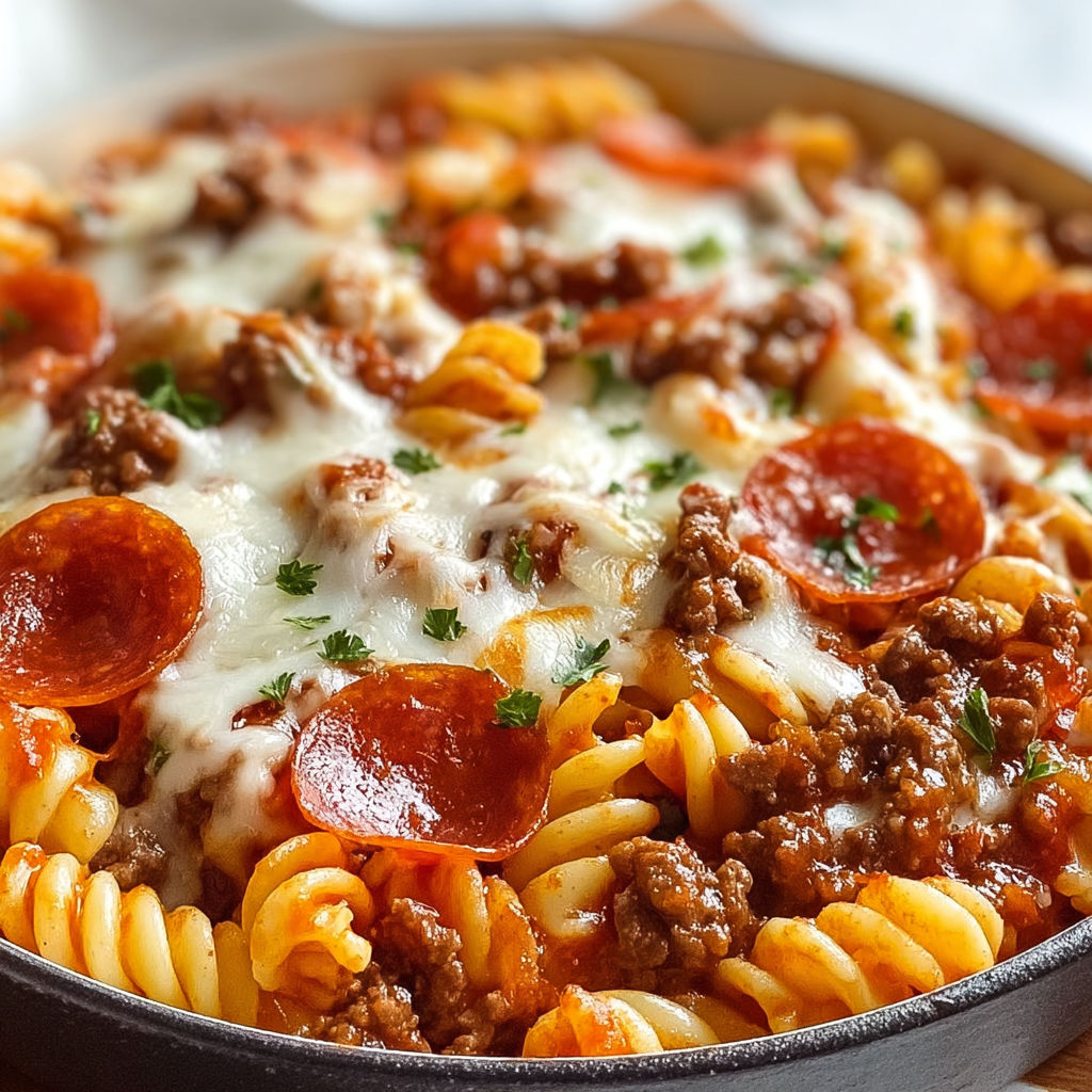 A delicious Meat Lovers Casserole is served in a bowl, featuring a combination of pasta, meat, and cheese.