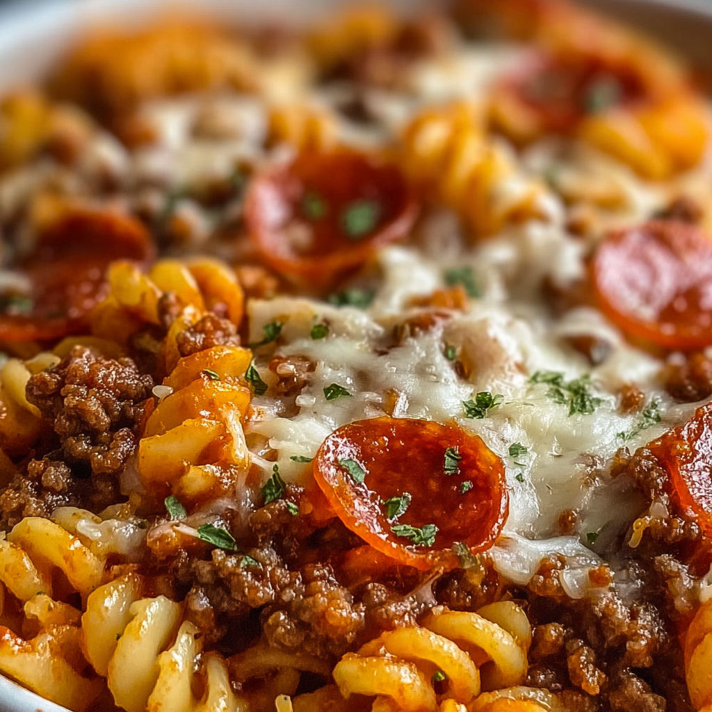 A delicious pasta dish with meat and pepperoni, served in a white bowl.