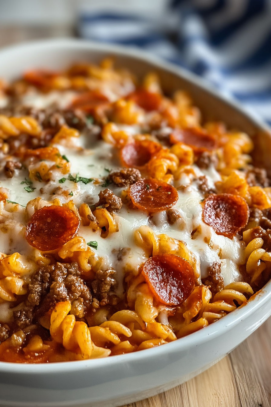 A bowl of pasta with pepperoni and cheese, ready to be eaten.