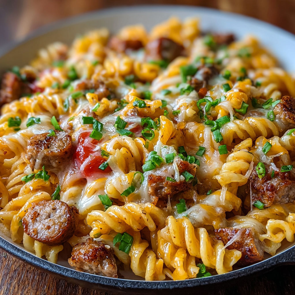 A delicious Cheesy Sausage Pasta Skillet is ready to be served.