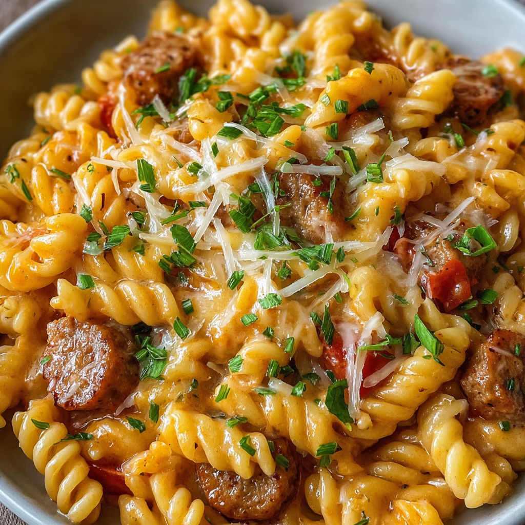 A bowl of pasta with sausage and cheese, possibly a dish called "Sausage and Cheese Pasta.