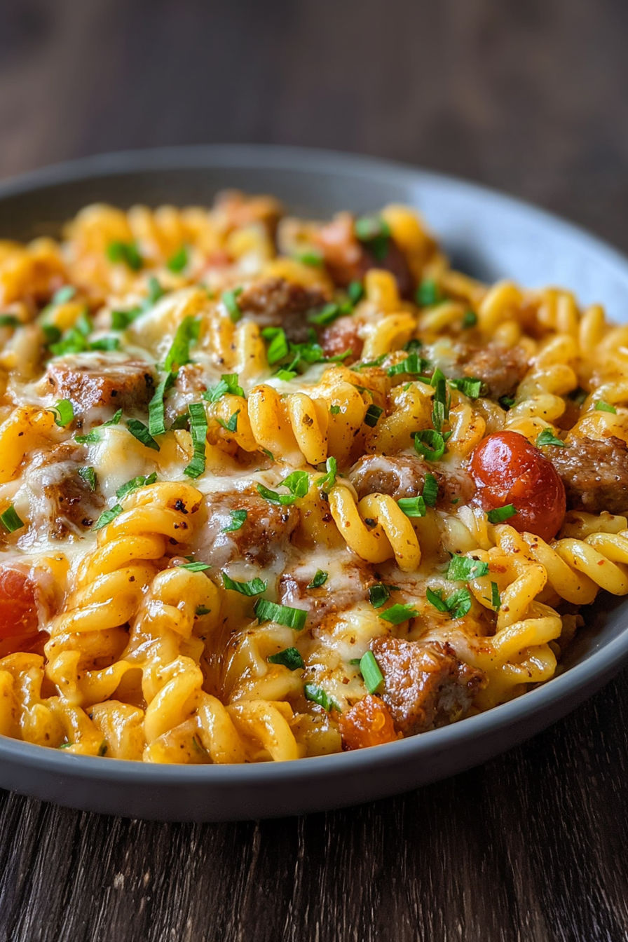 A bowl of pasta with meat and vegetables, including tomatoes and green onions, is served on a wooden table.