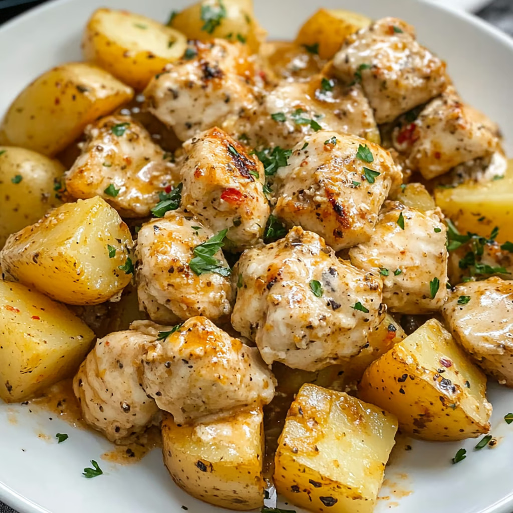 A plate of chicken and potatoes with a sauce, likely garlic parmesan, drizzled over them.