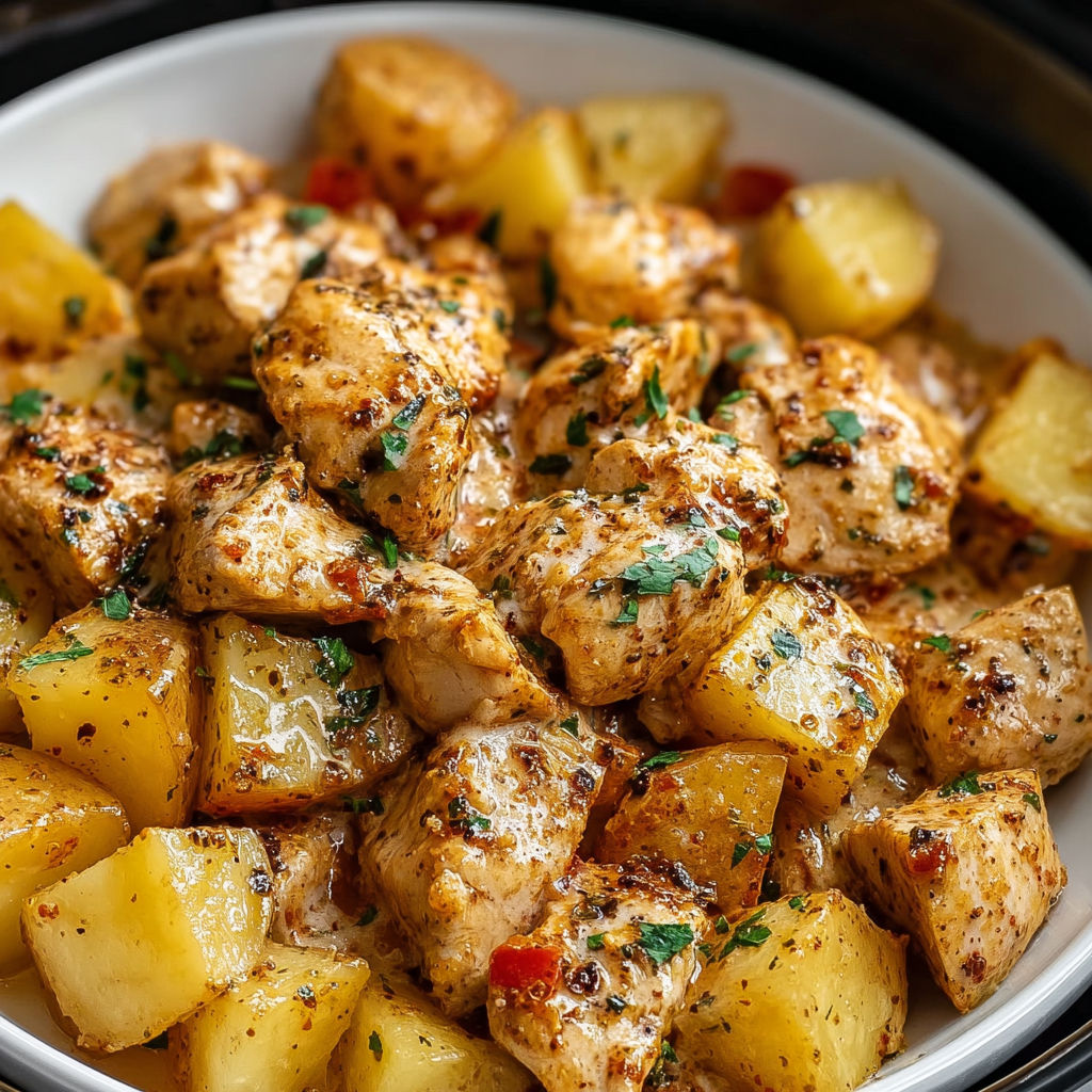 A bowl of chicken and potatoes with a spicy sauce, possibly a curry.