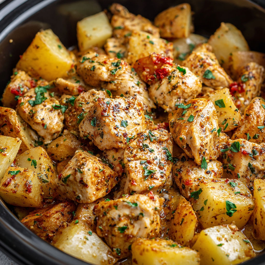 A bowl of chicken and potatoes with a spicy sauce.
